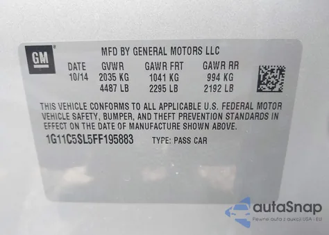 2015 Chevrolet Malibu 1Lt из США, поврежденный, VIN 1G11C5SL5FF195883